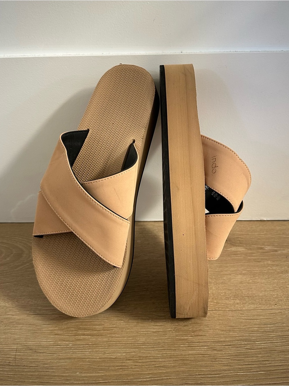 Tan criss cross slide sandals